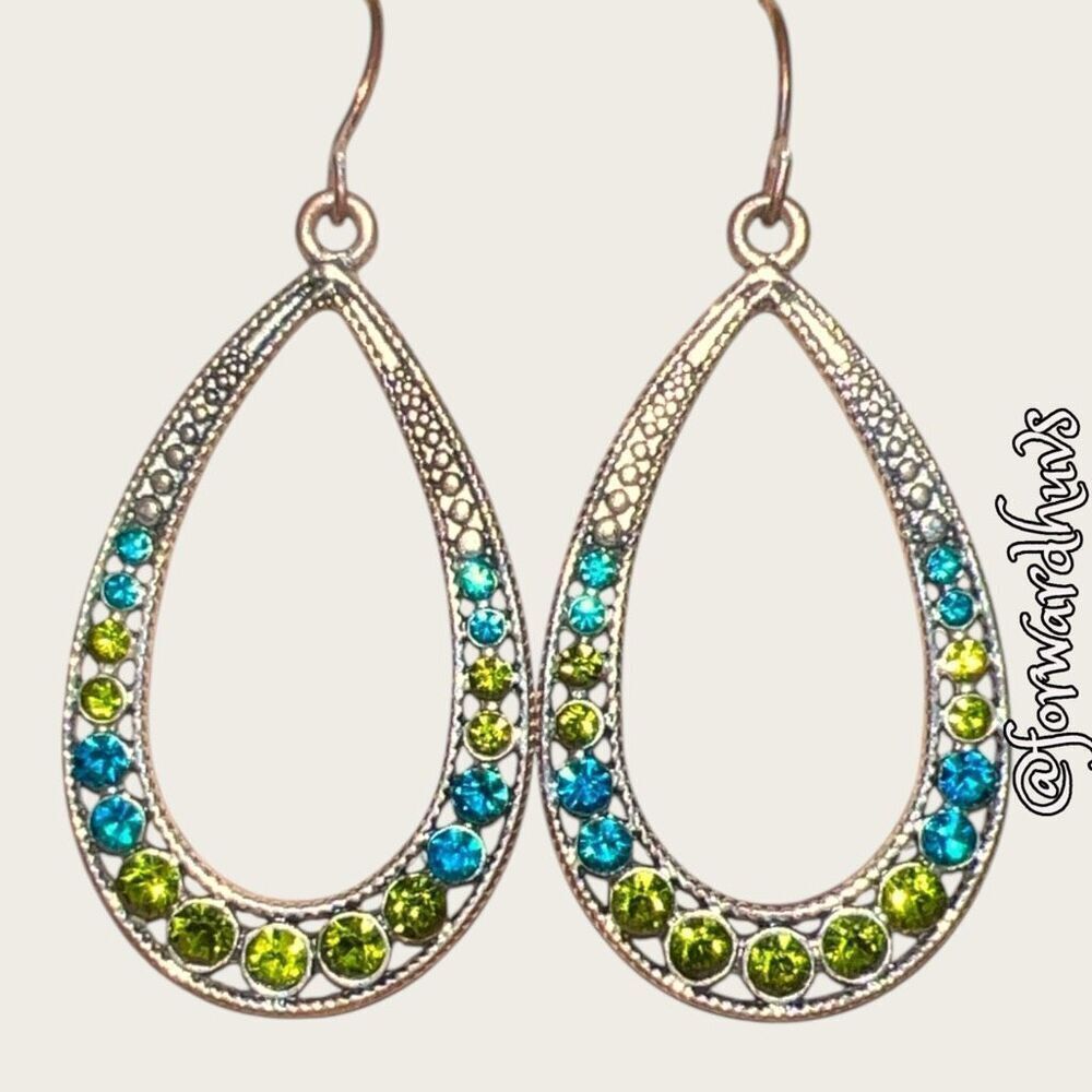 Bundle Sale 3 for $15 | Silver-Tone Dangle Earrings with Blue & Green Rhinestone